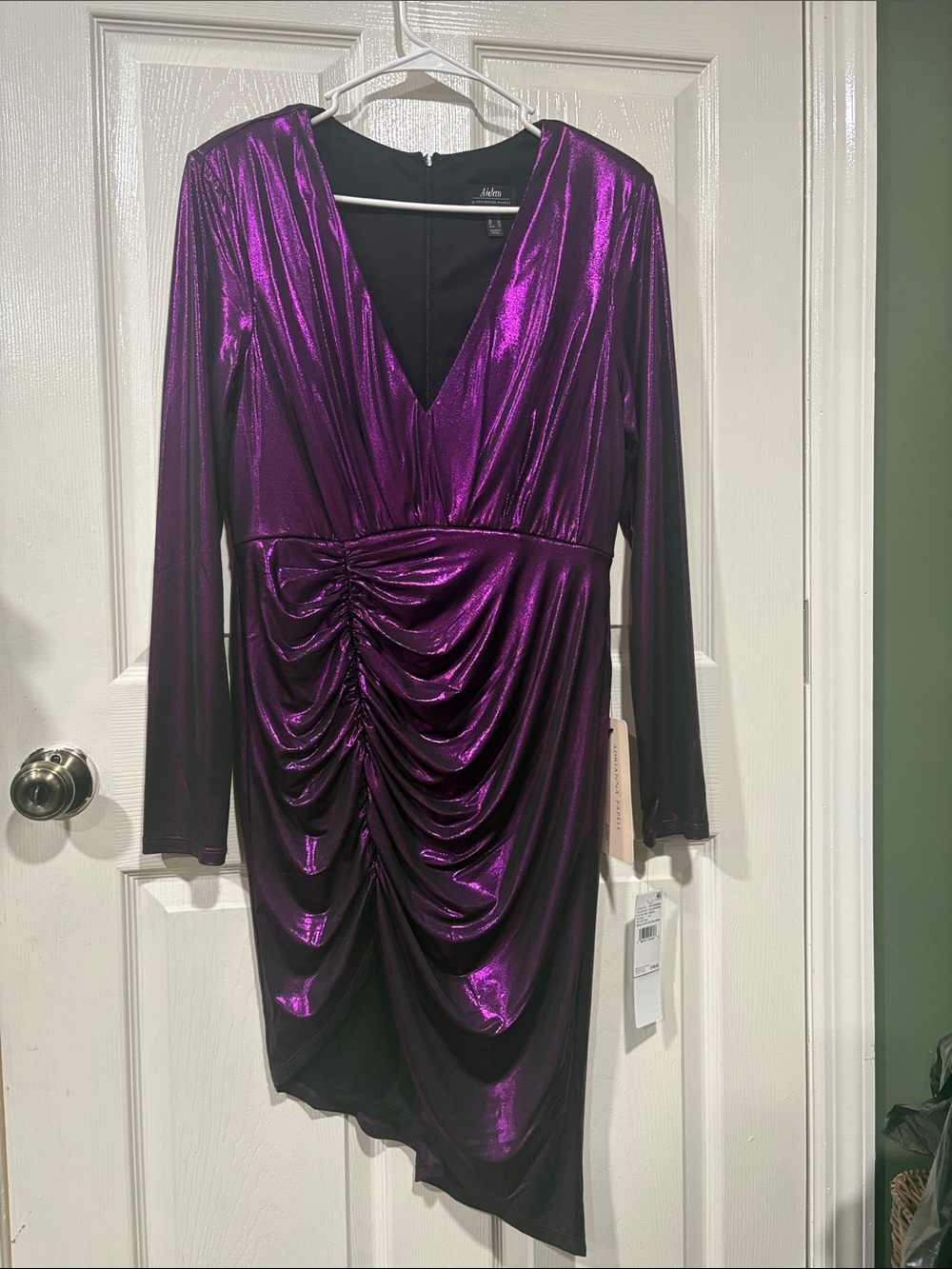 Adrianna Papell Metallic Plum Ruched V-Neck Long-Sleeve Dress